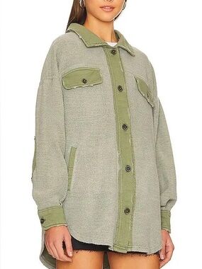 Free People Ruby Baggy Loose Shirt Jacket Shacket Distressed Jaded Green size M